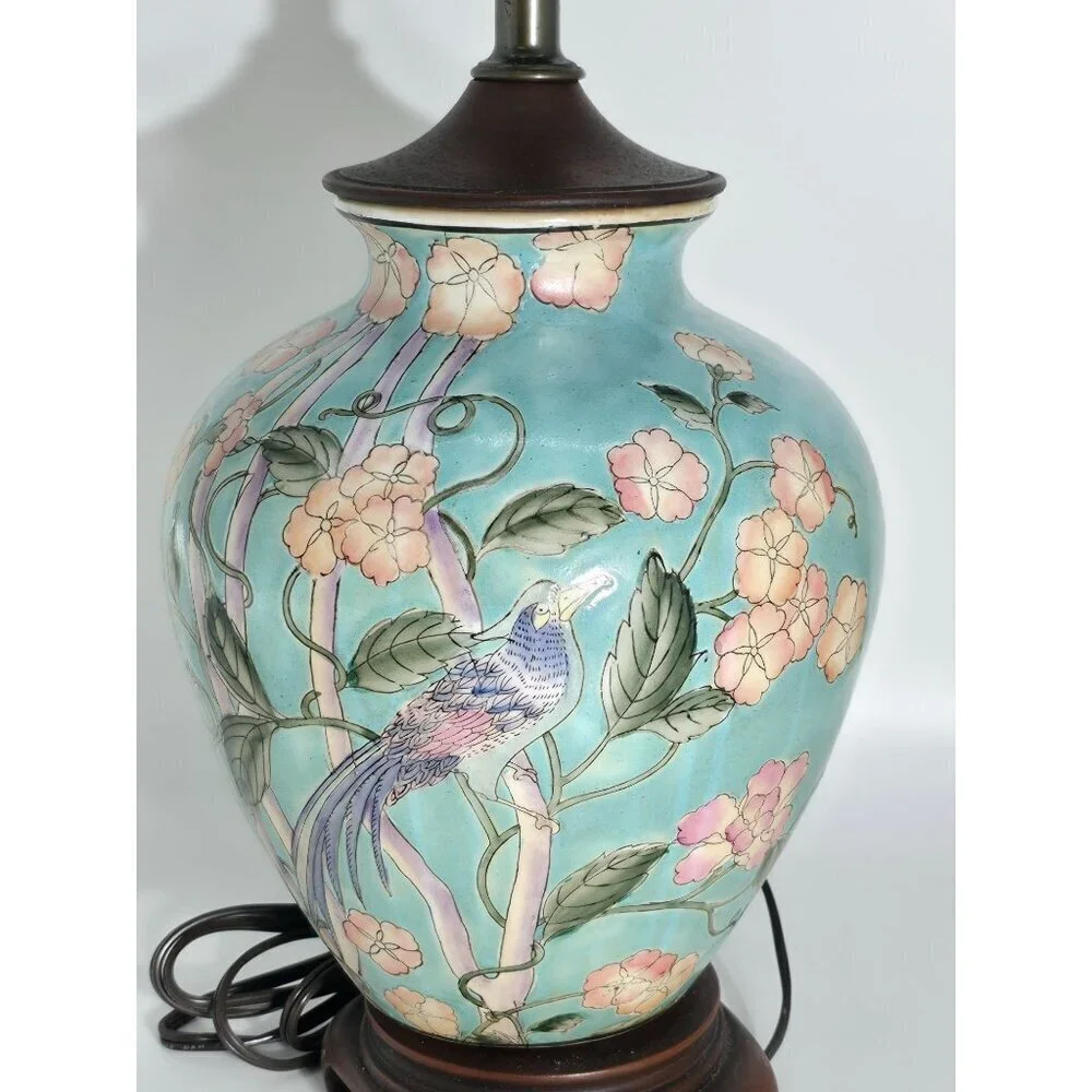 Vintage Floral Ceramic Table Lamp With Hand-Painted Bird Design On Wood Base
